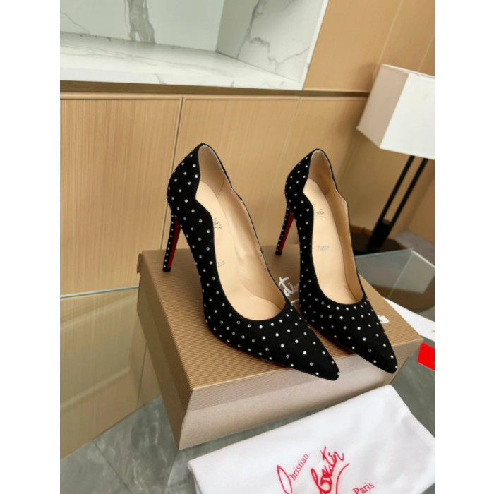 Christian Louboutin Black Suede Scalloped Crystal‑Dot 100mm heel Pump