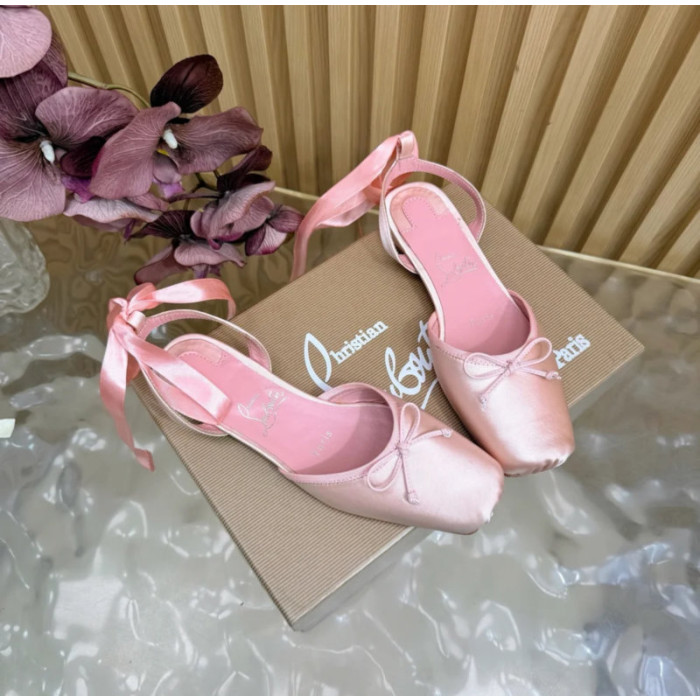 Christian Louboutin Pink Satin Bow Ankle‑Tie Slingback Ballet Flats