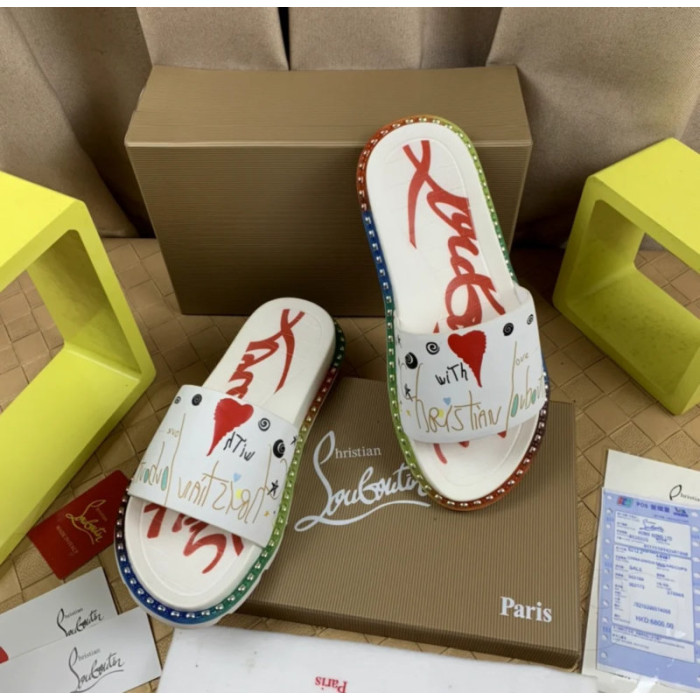 Christian Louboutin White Heart‑Graffiti Print Slides Rainbow Crystal‑Trimmed Sole