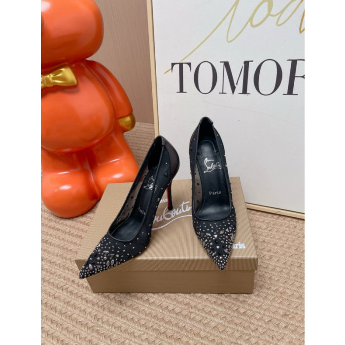 Christian Louboutin Black Mesh 100mm Mixed‑Crystal‑Embellished Pointed Toe Stiletto Heel Pumps