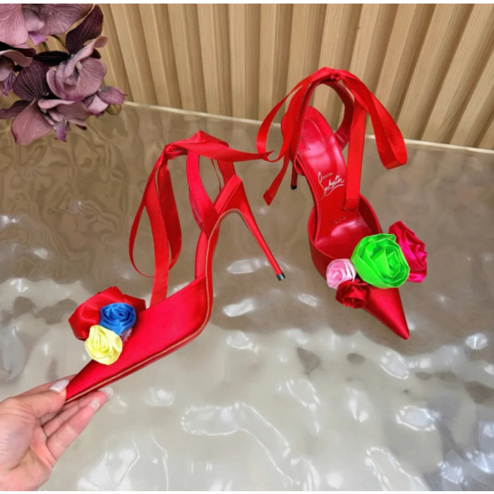 Christian Louboutin Red Satin Multicolor Fabric Flower 100mm Stiletto Heel Slingback Pumps