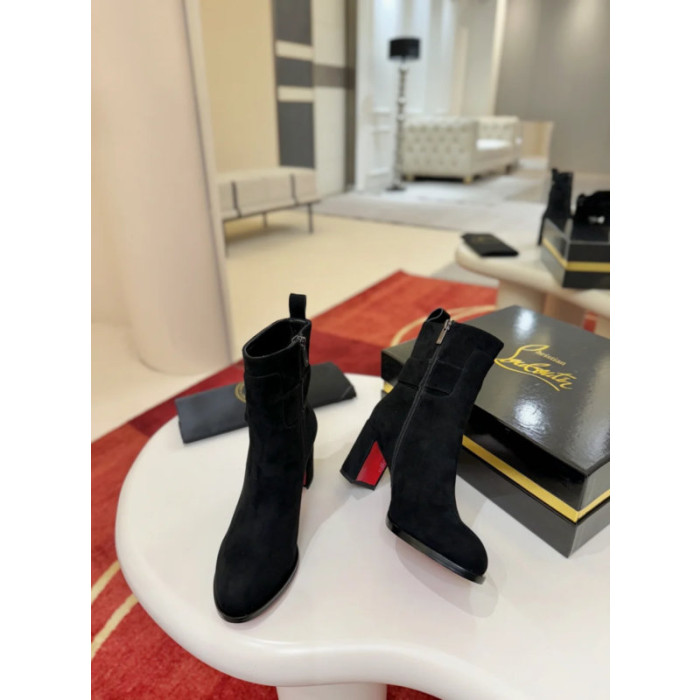 Christian Louboutin Black Suede Silver Lock Buckle 85mm Block Heel Ankle Boots