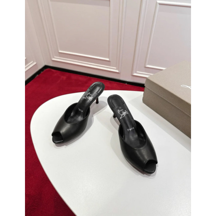 Christian Louboutin Black Leather 55mm Peep‑Toe Mule Heels