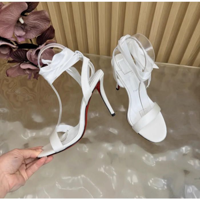 Christian Louboutin White Satin 100mm Ankle‑Wrap Tie Stiletto Sandals