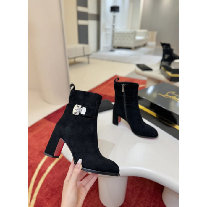 Christian Louboutin Black Suede Metal‑Buckle Block Heel Ankle Boots