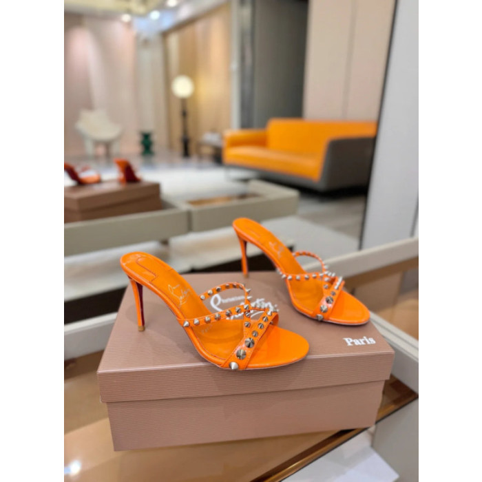 Christian Louboutin Orange Patent Leather 100mm heel Silver‑Spiked Mule High‑Heel Sandals