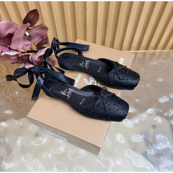 Christian Louboutin Black Satin Crystal‑Embellished Ankle‑Tie Slingback Ballet Flats