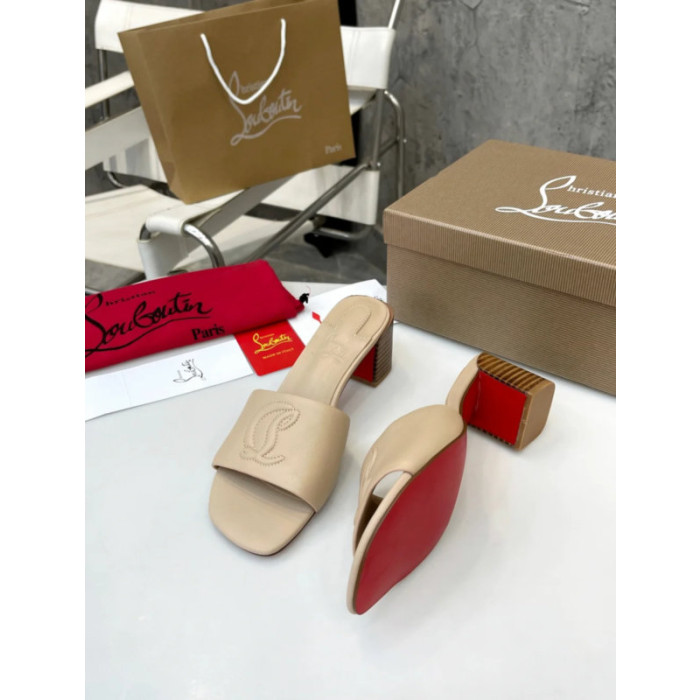 Christian Louboutin Beige Leather 55mm heel Block Heel Slide Sandal