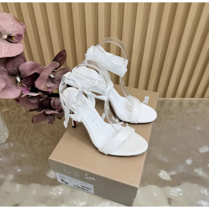 Christian Louboutin White Satin 100mm Ankle‑Wrap Tie Stiletto Sandals