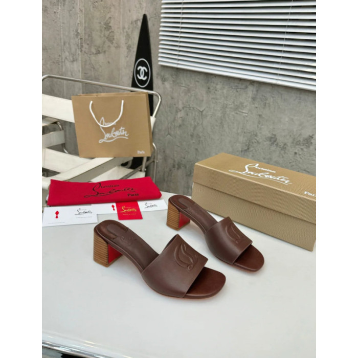 Christian Louboutin Brown Leather 55mm heel Block Heel Slide Sandal