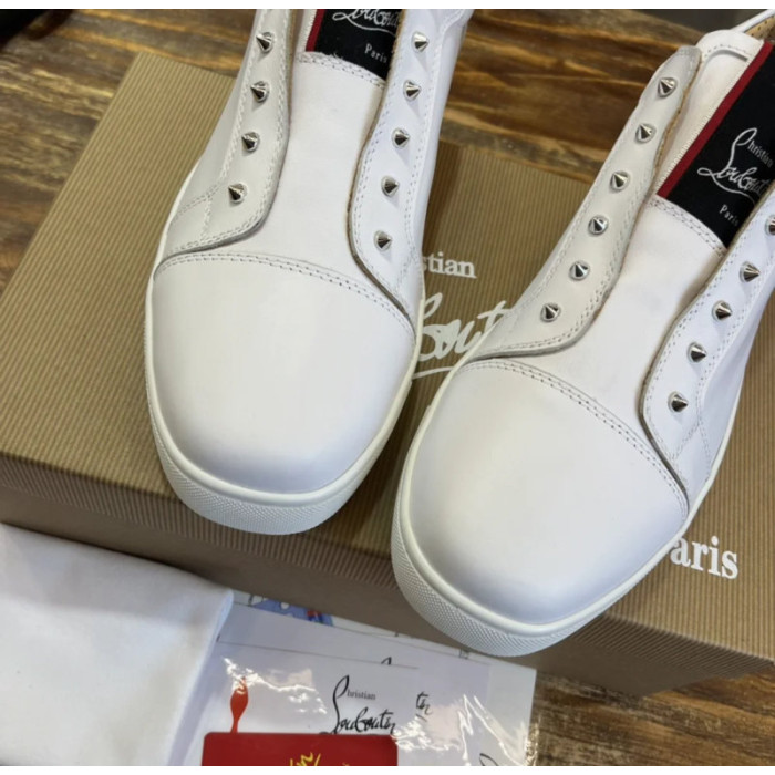 Christian Louboutin White Leather Silver‑Spiked Slip‑On Low‑Top Sneakers
