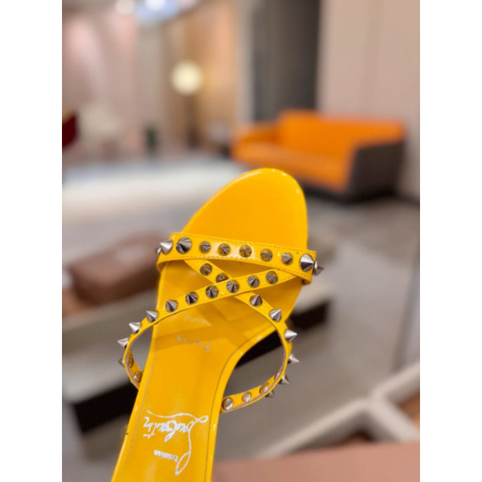 Christian Louboutin Yellow Patent Leather 100mm heel Silver‑Spiked Mule High‑Heel Sandals