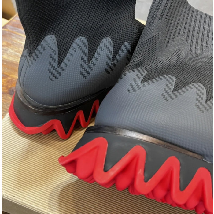 Christian Louboutin Black Knit Sock‑Style Shark‑Tooth Sole High‑Top Sneaker Boots
