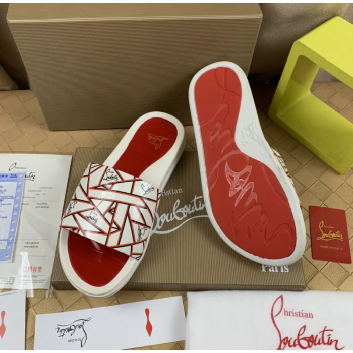 Christian Louboutin White Geometric‑Print Slide Sandals With Signature Logo