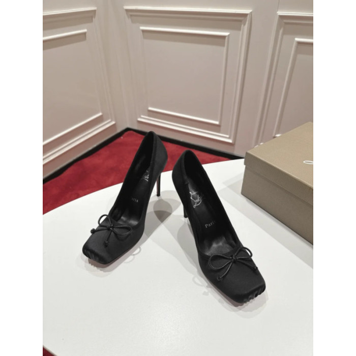 Christian Louboutin Black Satin Bow 100mm Square Toe Stiletto Pumps