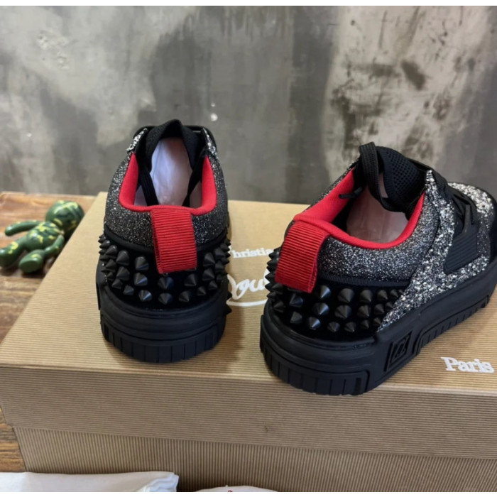 Christian Louboutin Black‑Silver Glitter Spiked Platform Low‑Top Sneakers