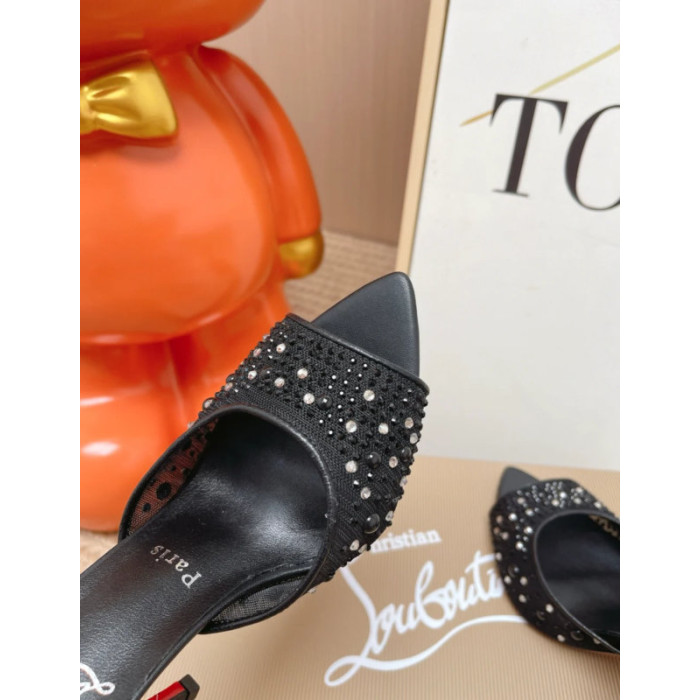 Christian Louboutin Black Tulle Rhinestone 100mm Stiletto Heel Backless Mules