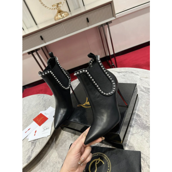 Christian Louboutin Black Leather 100mm Spiked Stiletto Pointed Toe Ankle Boots