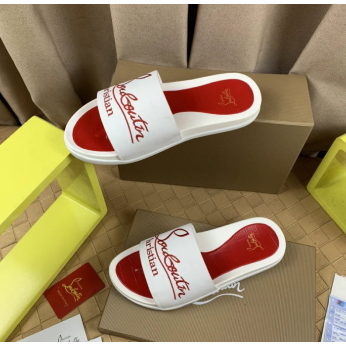 Christian Louboutin White Slide Sandals With Red Embossed Signature Logo