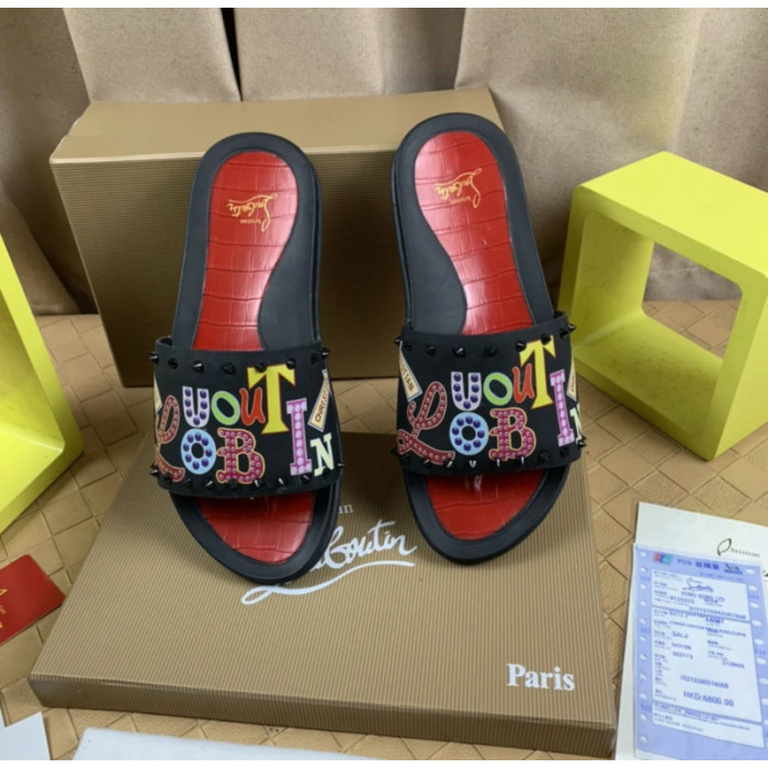 Christian Louboutin Black Colorful Graffiti‑Print Spiked Slide Sandals