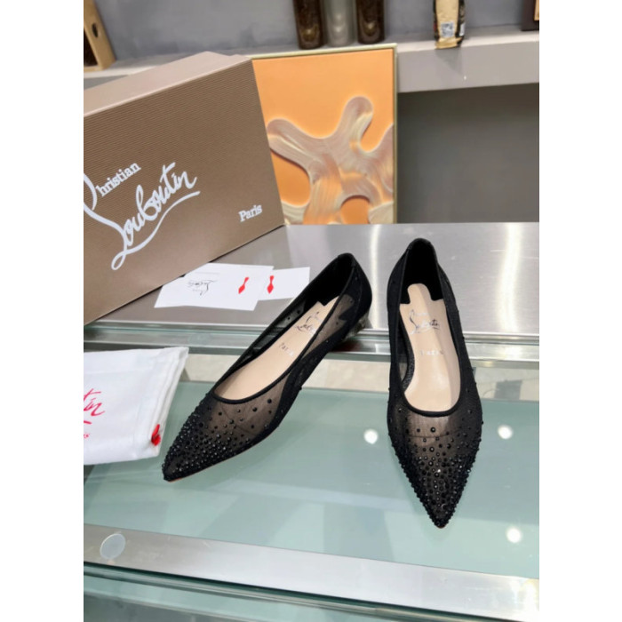 Christian Louboutin Black Mesh Crystal‑Dot Flat Pointed Pump