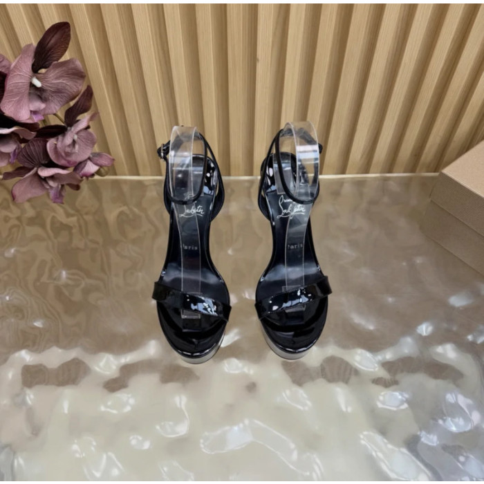 Christian Louboutin Black Patent Leather 150mm Platform Ankle‑Strap Stiletto Heel Sandals