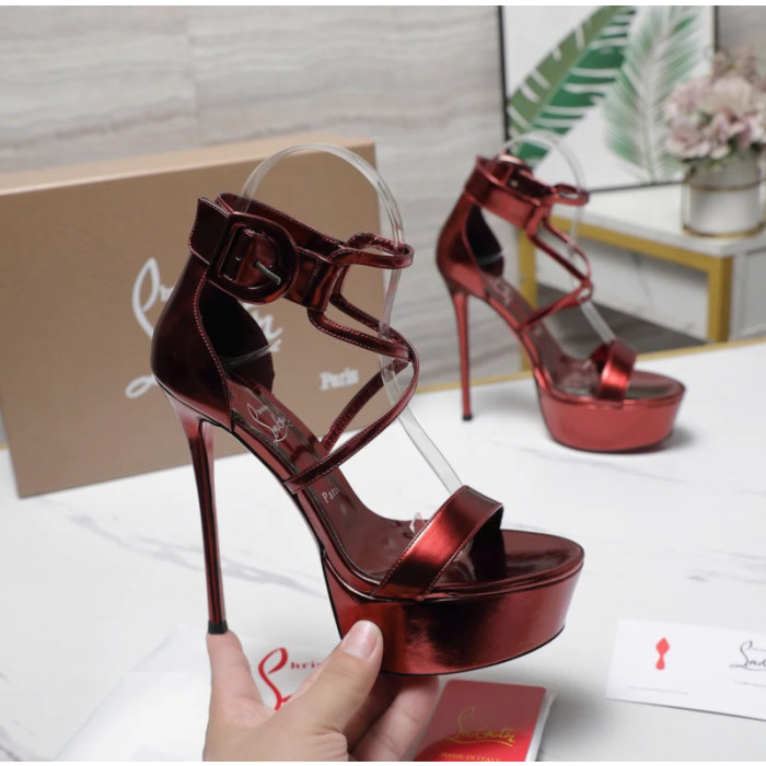 Christian Louboutin Metallic Burgundy Platform Ankle‑Strap Stiletto Heel Sandals