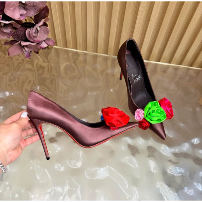 Christian Louboutin Burgundy Satin Multicolor Fabric Flower 100mm Stiletto Heel Pumps