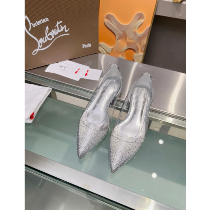Christian Louboutin Clear PVC Crystal Embellished Pointed‑Toe Flat Pumps