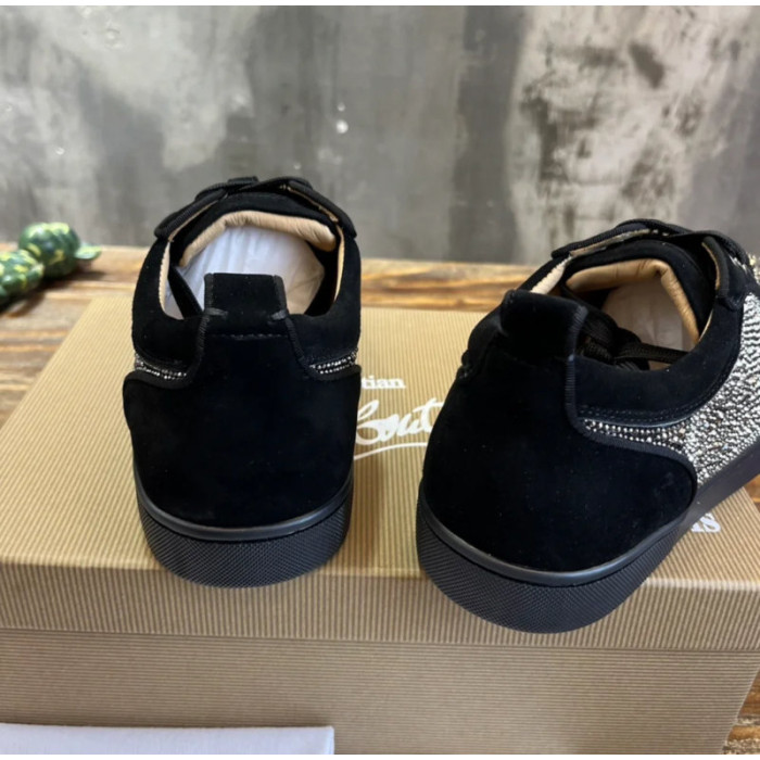 Christian Louboutin Black Suede Gunmetal Crystal‑Covered Low‑Top Men’s Sneakers