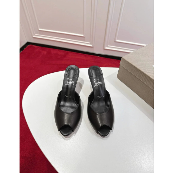 Christian Louboutin Black Leather 55mm Peep‑Toe Mule Heels