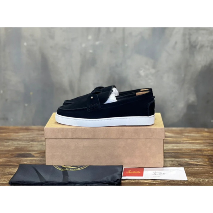 Christian Louboutin Black Nubuck Metal‑Stud Slip‑On Loafers