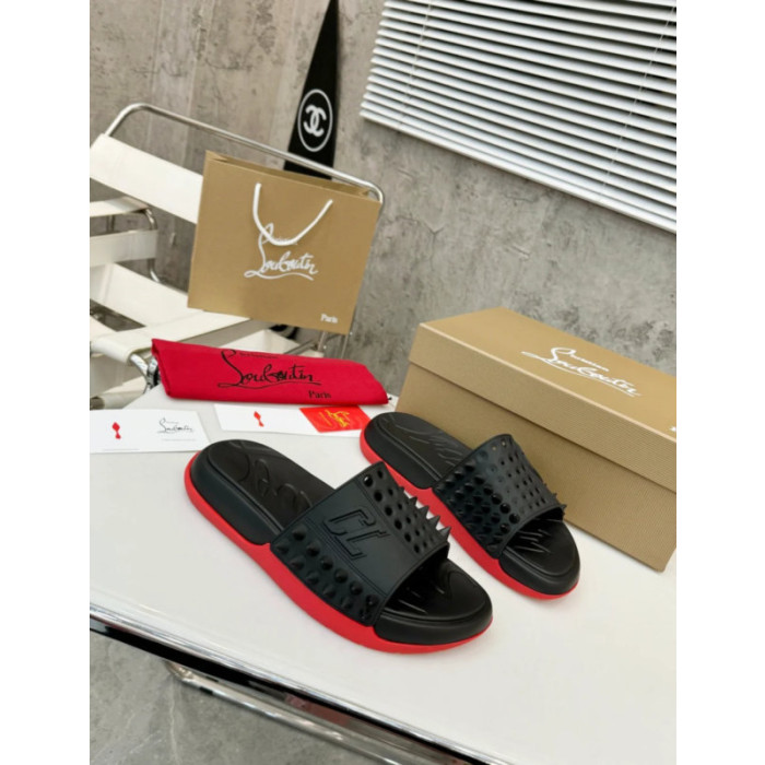 Christian Louboutin Black Spiked CL Logo Slide Sandals
