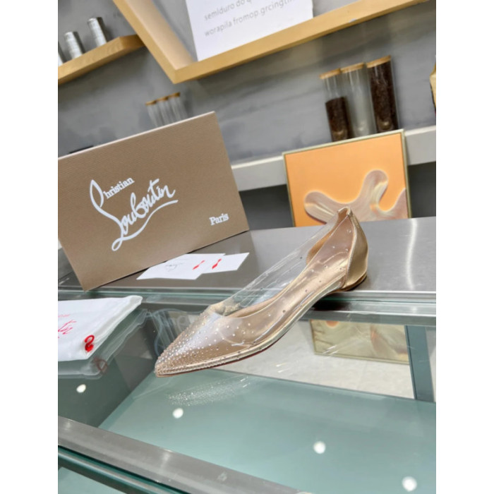 Christian Louboutin Clear PVC Gold Crystal Pointed‑Toe Flat Pumps