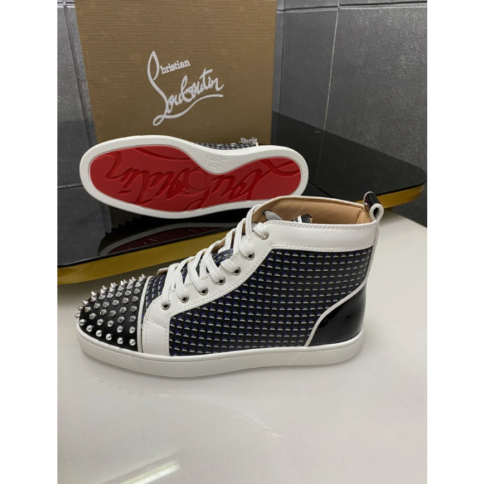 Christian Louboutin White Leather Geometric‑Print Silver‑Spiked High‑Top Sneakers