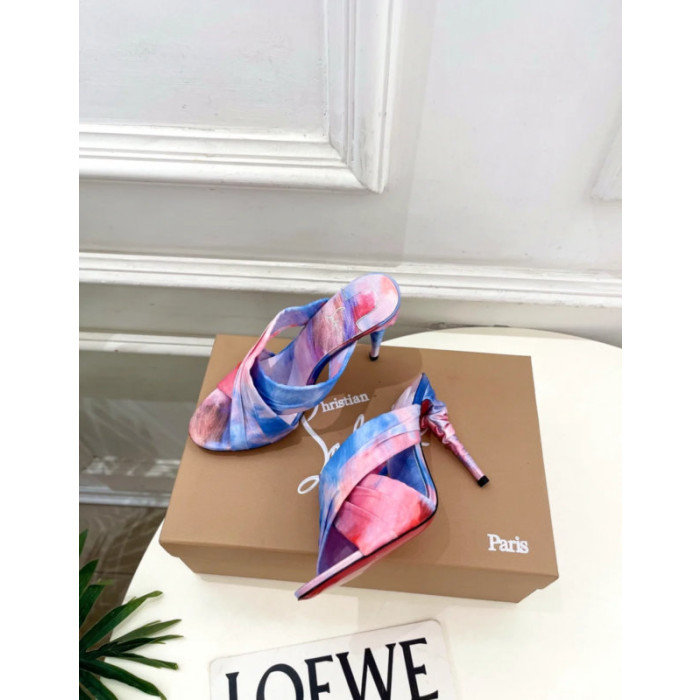 Christian Louboutin Pink‑Blue Tie‑Dye Crisscross Mule High Heel Sandals 100mm heel