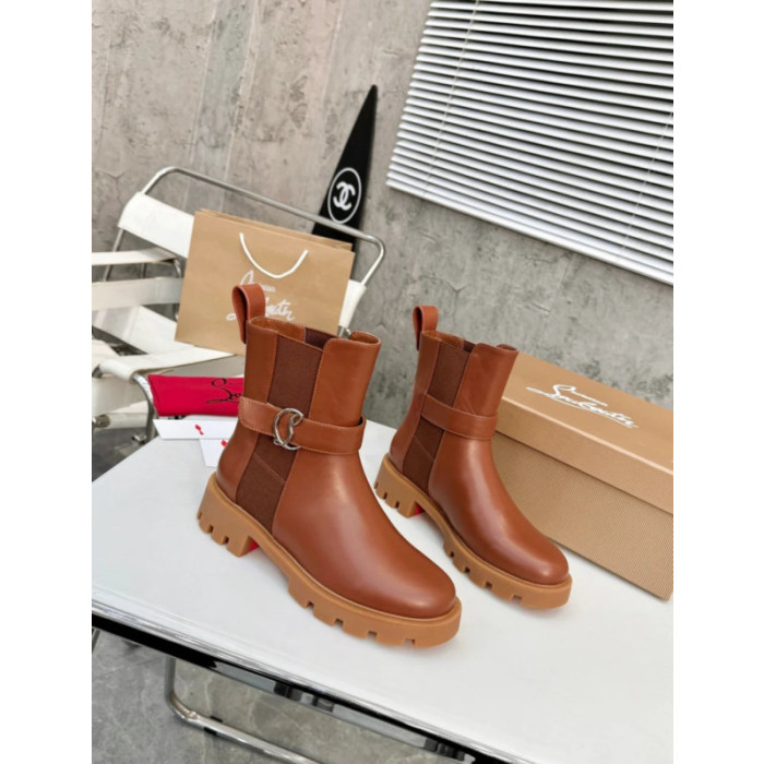 Christian Louboutin Brown Leather Buckle‑Strap Lug‑Sole Chelsea Ankle Boots
