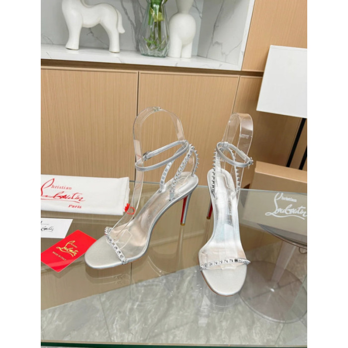 Christian Louboutin Silver Metallic Spiked Ankle‑Strap Sandal 100mm heel