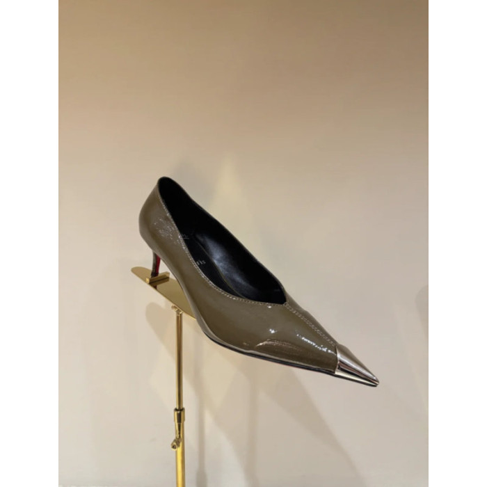 Christian Louboutin Taupe Patent 55mm Metal‑Tip Pointed Toe Kitten Heel Pumps