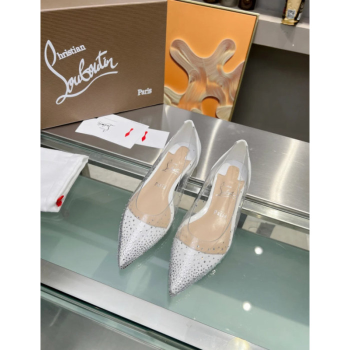 Christian Louboutin Clear PVC White Crystal Pointed‑Toe Flat Pumps