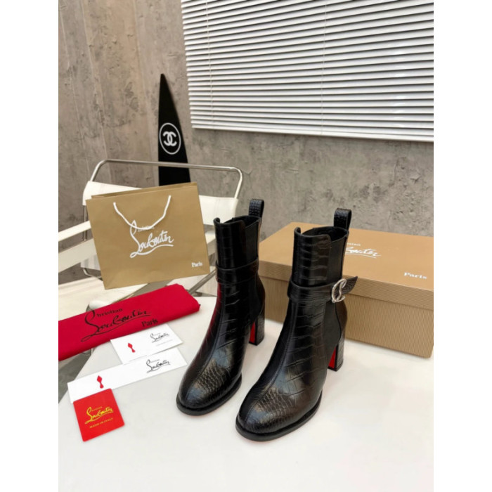 Christian Louboutin Black Croc‑Effect Leather 85mm Block‑Heel Chelsea Ankle Boots with CL Buckle