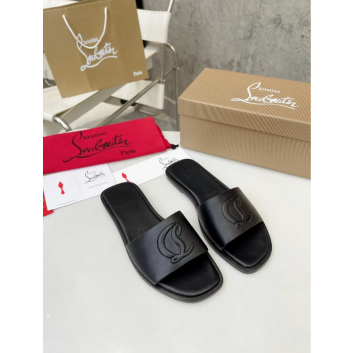 Christian Louboutin Signature Stitched Logo Black Leather Flat Slip‑on Sandal
