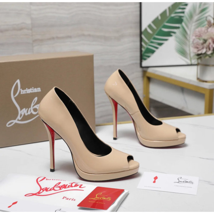 Christian Louboutin Lady Z 120 Nude Patent Peep‑Toe Platform Stiletto Heel Pumps