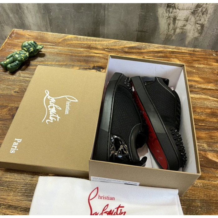Christian Louboutin Black Mesh Suede Patent Black‑Spiked Low‑Top Sneakers