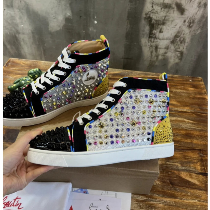 Christian Louboutin Multicolor Crystal Spike‑Decorated Glitter High‑Top Sneakers