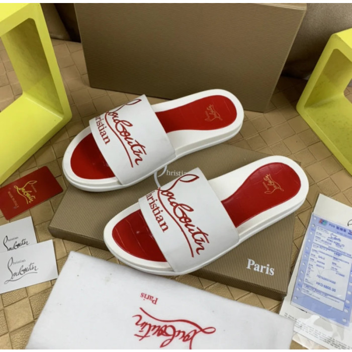 Christian Louboutin White Slide Sandals With Red Embossed Signature Logo