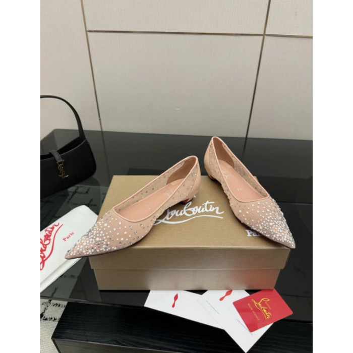 Christian Louboutin Pink Mesh Crystal Pearl Pointed‑Toe Flat Pumps