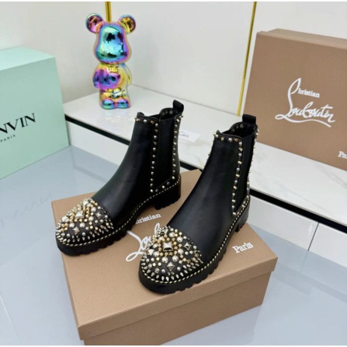 Christian Louboutin Black Leather Mixed‑Metal Studded Chelsea Ankle Boots Block Heel