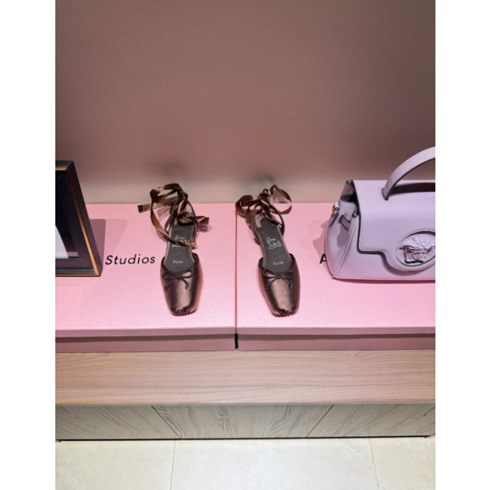 Christian Louboutin Bronze Satin Tie‑Ankle Ballet Flat Sandals