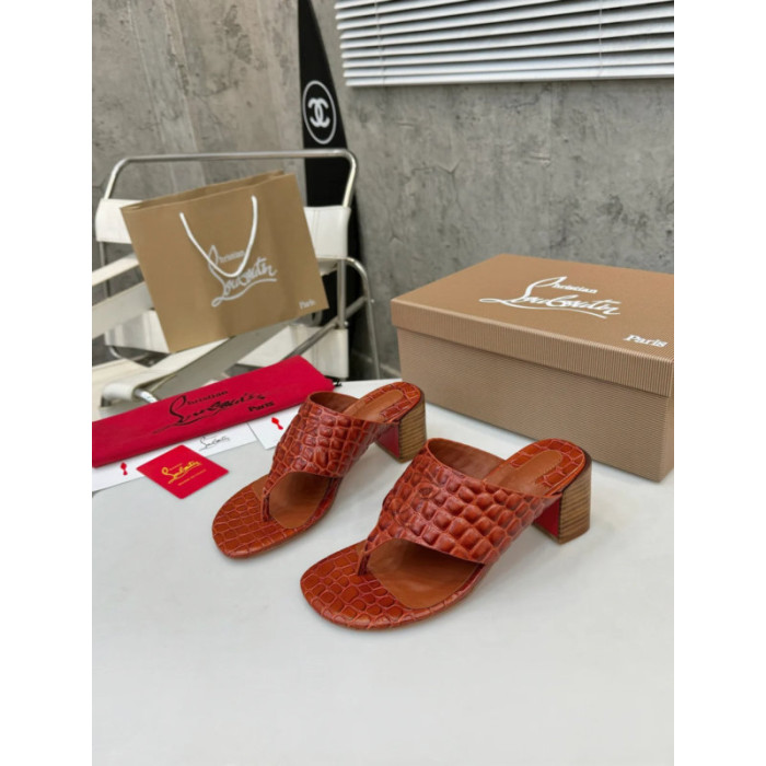 Christian Louboutin Cognac Croc‑Embossed 70mm Block Heel Thong Mule Sandals